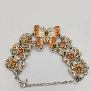 Gold And Silver Tone Enamel Butterfly Floral Link Bracelet Orange Rhinestone